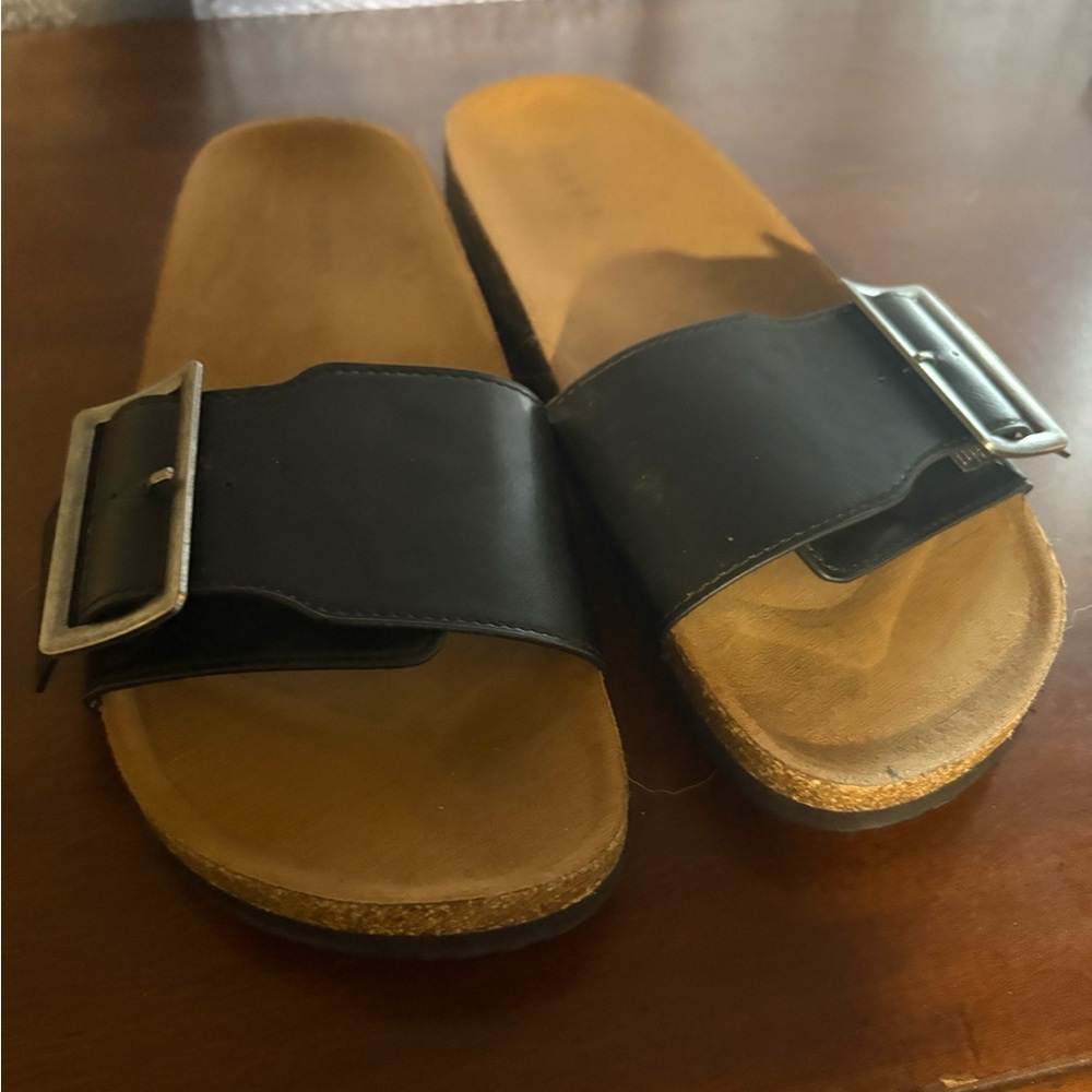 Black and Tan Slide Sandals with Buckle